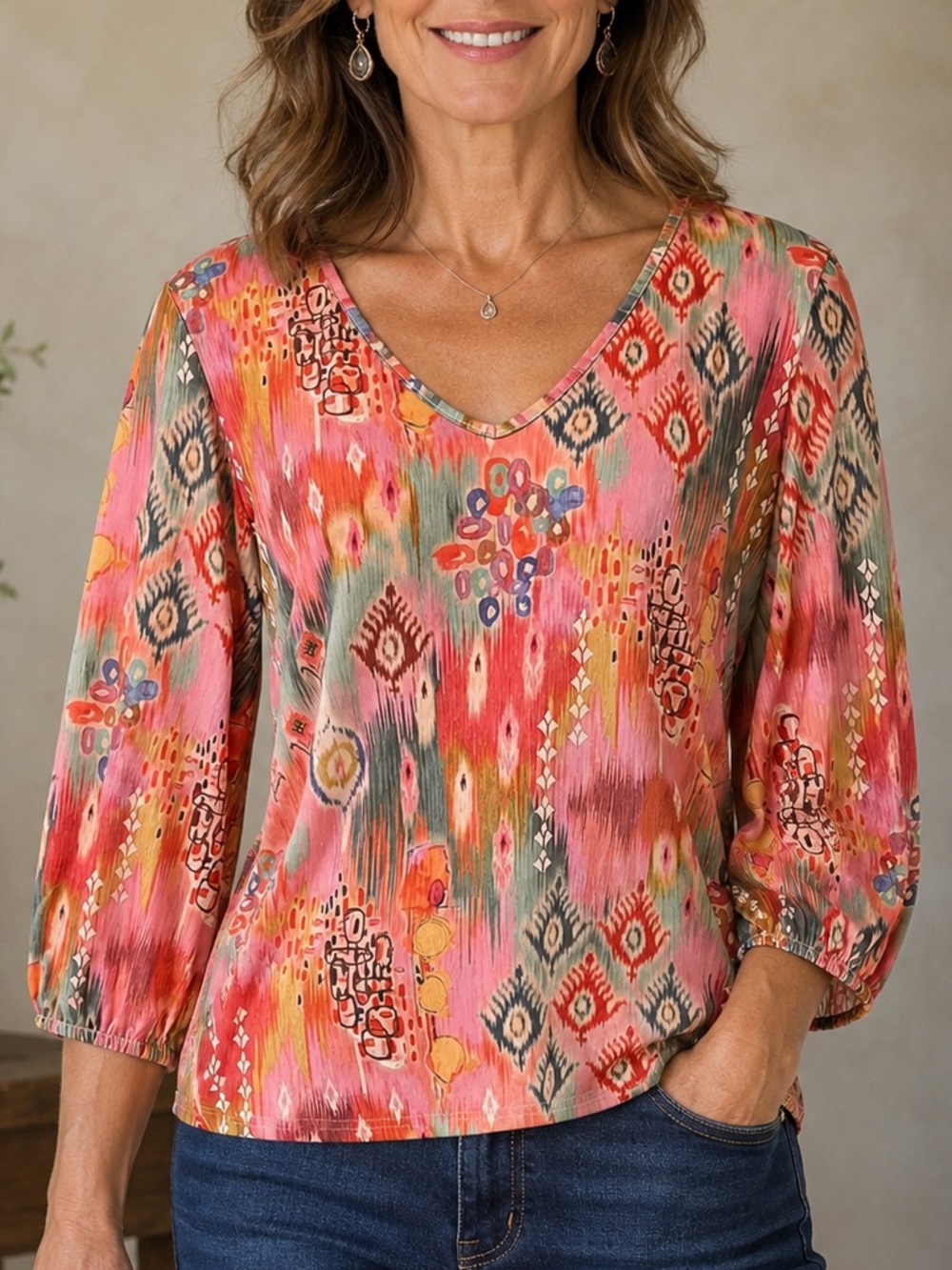 Vibrant Pink Multicolor V-Neck Women's Top